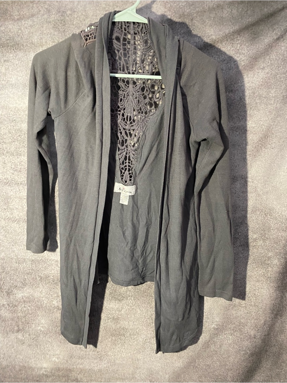 Self Esteem Cardigan Small Gray Crochet Lace Back Open Front Long Sleeve Boho⁠